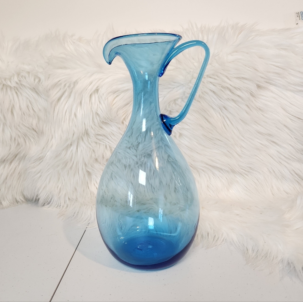 Vintage MID-CENTURY Art Glass Aqua Blue Vase Pitcher Funky Handle MCM Blenko ?